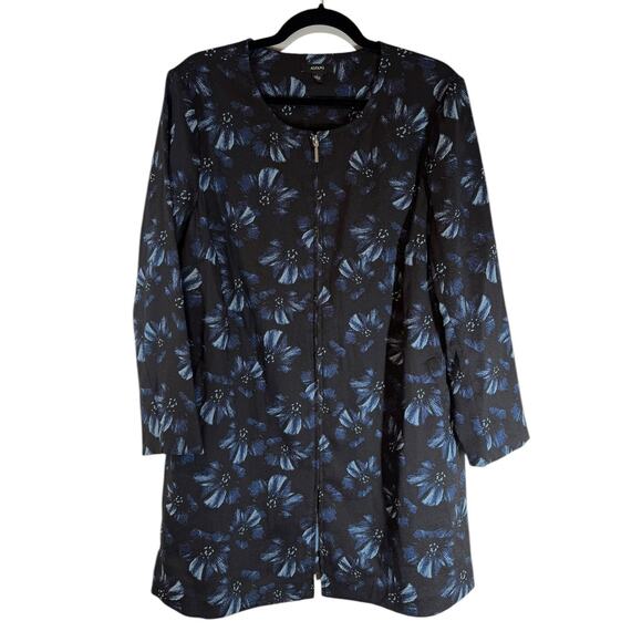 Alfani Black Navy Floral Longline Collarless Zip Front Jacket Large Work Career - Picture 2 of 7